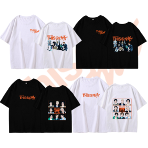 Kpop Short Sleeve Stray Kids This & That  T-shirt Cotton Round Neck Drop Shoulder Black T-shirt